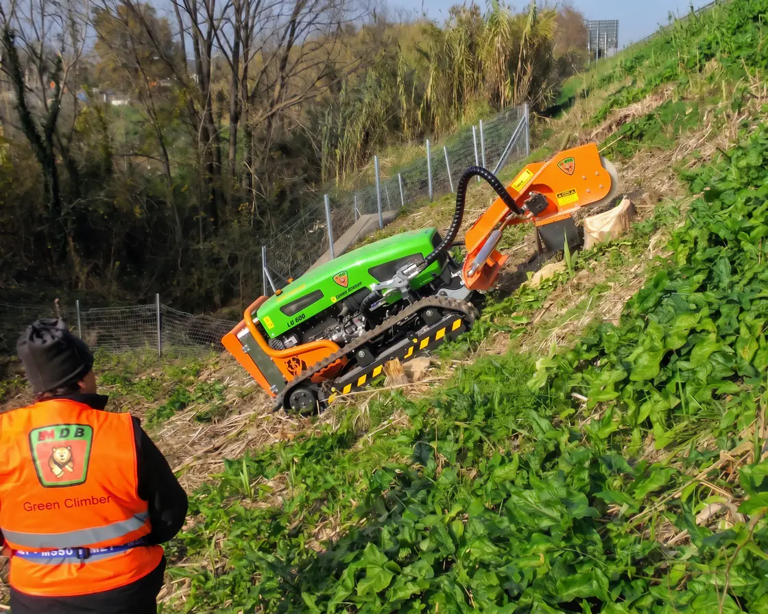 Dálkově řízený mulčovač s frézou při odstraňování pařezu ve svahu